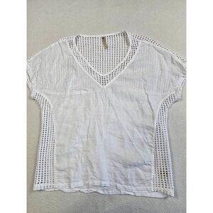 XCVI Womens White Linen & Cotton Short Sleeve V-Neck Top Size S